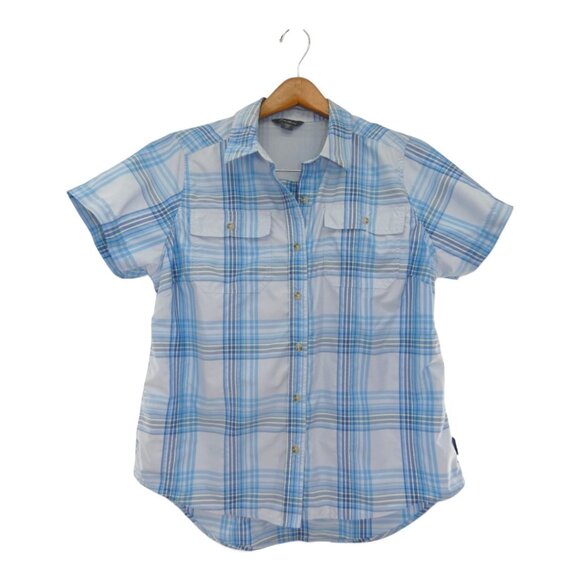 Women's Eddie Bauer Blue Plaid Short Sleeve Tech Cabincore Outdoor Button Shirt - Picture 1 of 9